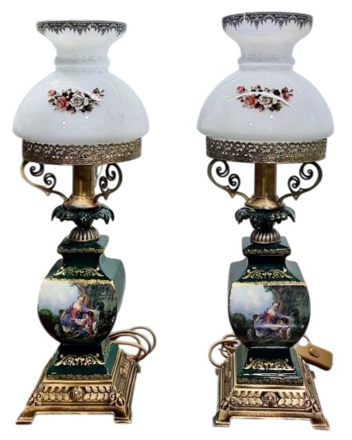 آباژور چینی مدل چراغ دنسی طرح قدیمی رنگ سبز