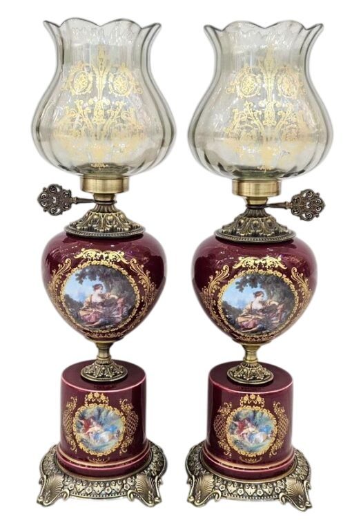 آباژور چینی مدل چراغ دنسی پایه گرد رنگ زرشکی