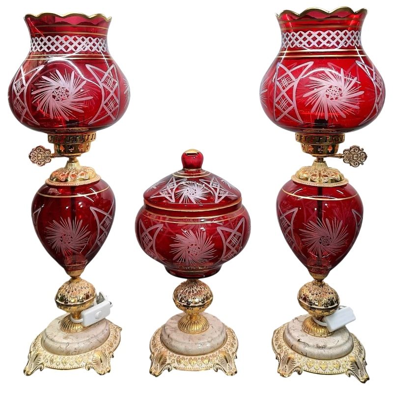 آباژور شیشه ای تراش خورده قرمز پایه گرد | ست