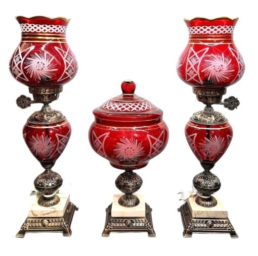 آباژور شیشه ای تراش خورده قرمز پایه مربع | ست