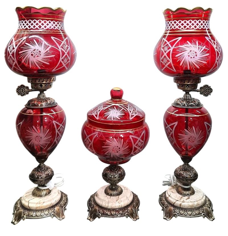 آباژور شیشه ای تراش خورده قرمز پایه گرد | ست