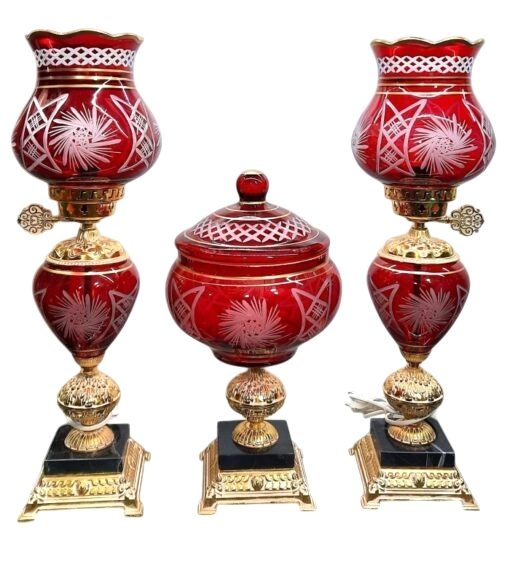 آباژور شیشه ای تراش خورده قرمز پایه مربع | ست