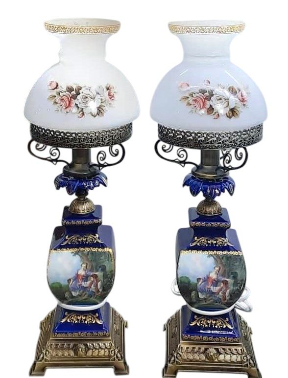 آباژور چینی مدل چراغ دنسی طرح قدیمی رنگ سورمه ای