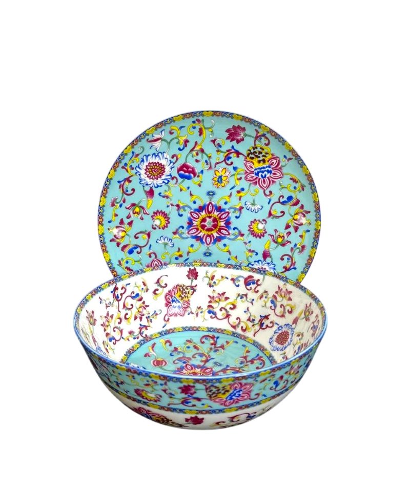 کاسه و بشقاب گل برجسته فیروزه ای